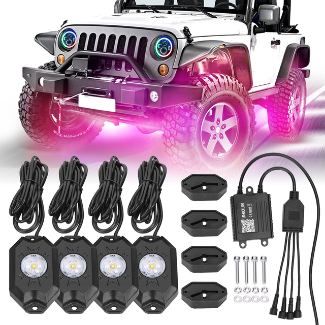 Wholesale Price Rgbw Rock Lights 7 Pcs Led Chip 9W 121 Color Changed Led White Rock Light 4 Pods for jeep Off Road Utv Rzr Utv