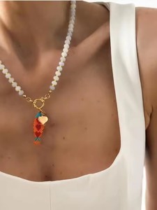 Natural Stone Beaded <strong>Necklace</strong> With Miyuki Woven Sardine Lucky Fish Ocean Charm <strong>Toggle</strong> Clasp Stackable Stainless Steel Jewelry - Product Image 4