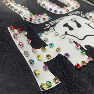 Streetwear Sweat à capuche unisexe personnalisé surdimensionné délavé à l'acide Sweat à capuche double fermeture éclair Sun Faded Rhinestone Sweat à capuche zippé - Product Image 3