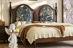 Premium Queen Size Dark Wood Spindle <b>Bed</b> With Tropical Print Double Arched Upholstered Headboard For Bedroom - Product Image 4