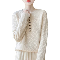 Pull en laine mérinos 100% pour femme, col rond, chaud pour l'hiver, motif losanges, tricoté, style coréen, avec boutons, pull en maille