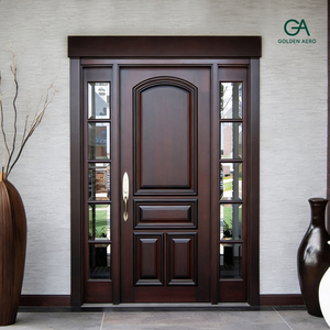 Puerta de Entrada de Madera Sólida con Paneles Laterales de Vidrio, Diseño Tradicional, Abatible, para Uso Exterior en Villas y Apartamentos - Product Image 4