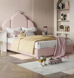 Cama de Día de Tamaño Completo con Marco de Madera Moderno Estilo Crema Pumpkin Crown, Tapicería de Tela Suave, para Dormitorio, Tema Princesa para Niñas - Product Image 1