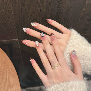 Art des ongles artisanal de Noël français - Ongles courts à couverture complète, motif étoile à quatre branches, application sur les doigts, vente en gros - Product Image 4