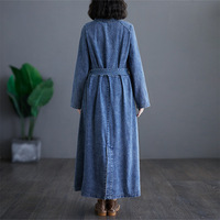 Vente en gros OEM Robe trapèze décontractée été solide col V Maxi taille haute qualité coton Denim pour femmes manches longues avec poches ceintures