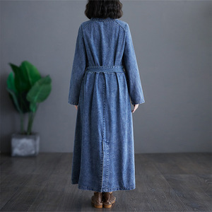 Vente <span class=keywords><strong>en</strong></span> gros OEM Robe trapèze décontractée été solide col V Maxi <span class=keywords><strong>taille</strong></span> <span class=keywords><strong>haute</strong></span> qualité coton Denim pour femmes manches longues avec poches ceintures - Product Image 3