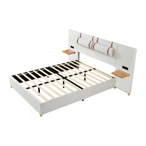 Queen Size Adjustable Upholstered Platform Bed Two Outlets on Both Sides Two <b>Bedside</b> Pillows Storage <b>Shelves</b> Velvet Beige - Product Image 5