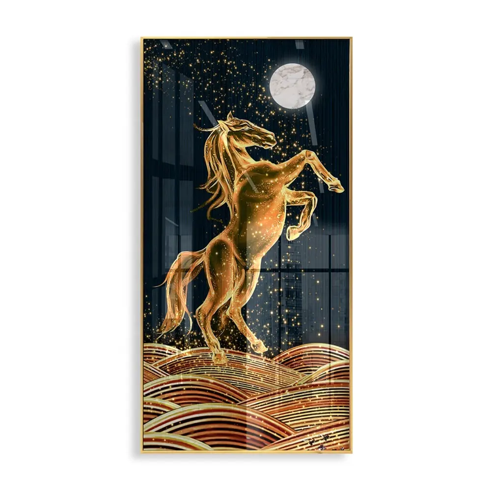 Modern Light Luxury Decorative Painting Porch Crystal Porcelain Frame Painting Golden Horse Glass Wall Painting