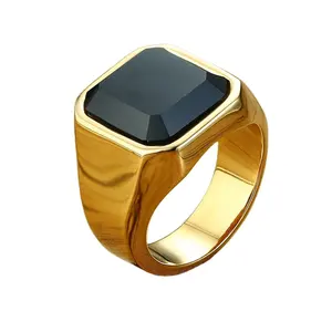 Mens Black Square Finger Ring Red Carnelian Rings Wholesale Stainless Steel 18K Gold Plated Trendy Gemstone Rings Agate Zircon