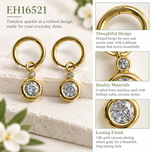 Pendientes de Aro con Piedra Redonda, Oro de 14K, Chapado al Vacío en Acero Inoxidable - Product Image 5