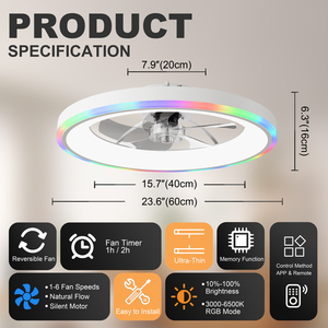 23.6" Modern <b>RGB</b> Ceiling Fan with Light 6-Speed Reversible Silent DC Motor Dimmable 3000-6500K LED for Bedroom, White - Product Image 6