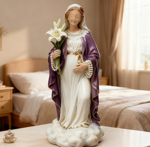 Statue de la <span class=keywords><strong>Vierge</strong></span> <span class=keywords><strong>Marie</strong></span> <span class=keywords><strong>enceinte</strong></span> avec robe violette et lys blanc, sculpture en résine peinte à la main de la future mère pour bénédiction catholique - Product Image 4