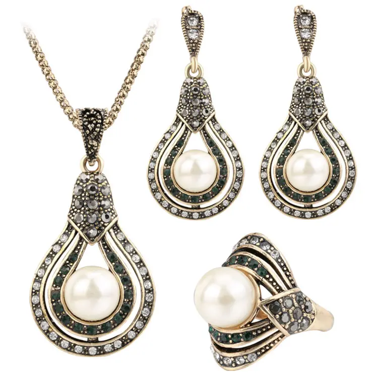 Spotify Fashion European Non Tarnish Retro Bridal Gourd Pearl ring necklace earrings Turkish gold plated kolye women jewelry set