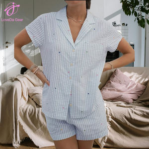 Ensemble pyjama pour femmes Loveda en gros, chemise à imprimé mignon d'été, deux pièces, chemise à manches courtes, shorts, avec <span class=keywords><strong>poche</strong></span> - Product Image 2