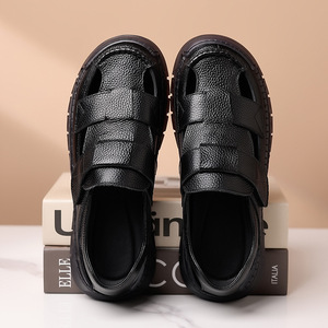 Men's Cross <b>Strap</b> Leather Sandals Black Breathable Casual Summer Footwear with Rubber Sole - Product Image 3