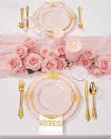 Ensemble de vaisselle en plastique rose moderne sans BPA pour 50 invités - 100 assiettes jetables, 150 couverts, 50 gobelets, 50 serviettes