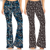 Pantalon évasé taille haute pour femme, motif instruments de musique vintage style line art, marron, chic, pour musiciennes, mode et yoga