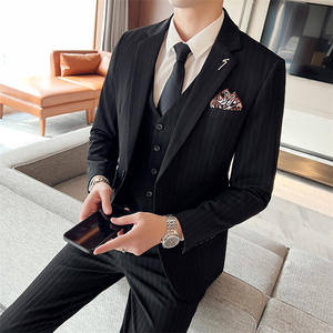 Traje DE BODA ajustado de <span class=keywords><strong>tres</strong></span> <span class=keywords><strong>piezas</strong></span> para hombre, rayas azules, negocios, Formal, cremallera, botón de un solo pecho, estambre de moscas, <span class=keywords><strong>Terno</strong></span> Masculino - Product Image 3