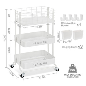 Modern Metal Kitchen <b>Cart</b> Three-Layer Storage Trolley with Wire Baskets and Wooden Top for Food Organization - Product Image 2