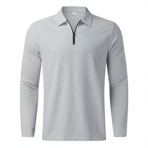 Polo à manches longues en tricot pour homme, fermeture éclair, style décontracté uni, gris - Product Image 1