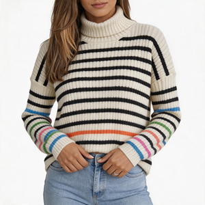 Pull court élégant en maille côtelée multicolore arc-en-ciel à col roulé pour femme – Vente en gros - Product Image 1