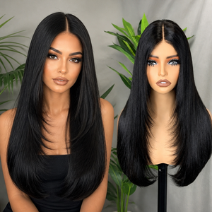 Peluca de Cabello Humano Natural Negro FH de 22 Pulgadas con Corte en Capas 2x6, Peluca de Cabello Liso sin Pegamento con Frente de Encaje - Product Image 1
