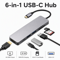 Hub USB-C 6 ports 4K pour station d'accueil avec chargement USB 2.0 PD pour téléphone, lecteur de carte SD/TF, en alliage d'aluminium