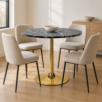 Mesa Auxiliar Redonda Moderna con Efecto Mármol, Base de Pedestal de Metal Dorado, para Sala de Estar, Cafetería, Bistro