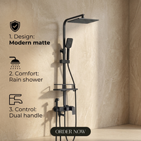 Ensemble de douche mural moderne en acier inoxydable noir mat avec pommeau de douche carré, douchette à main et barre coulissante avec étagère