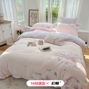 Hongchang Milk Fleece Four-Piece <b>Set</b> Thickened Anti-static Winter Princess <b>Bedding</b> Solid Color Embroidered - Product Image 1