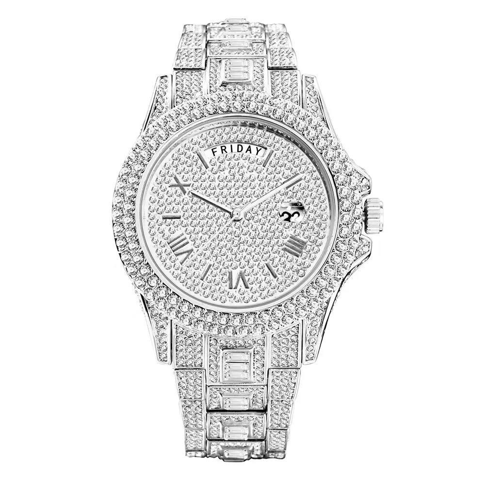 High Quality Hot Selling Hiphop Fashion Dual Calendar Business Full Diamond Vvs Moissanite Watch Quartz Watch For Men