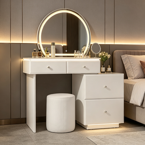Nouvel Arrivage Ensemble Coiffeuse Blanc Lisse et Brillant avec Miroir LED Rond, Commode à 2 Tiroirs Détachable et Tabouret Cylindrique Solide pour Chambre - Product Image 4