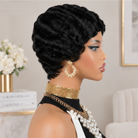 Wig Rambut Manusia Berlapis Warna Hitam Alami Pixie Finger Wave Wig Rambut Manusia Buatan Mesin Remy untuk Wanita