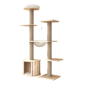 Tour à chat moderne en bois massif personnalisée avec poteau vertical à 5 niveaux, emballage en carton, lit et grattoir pour chat écologique - Product Image 1
