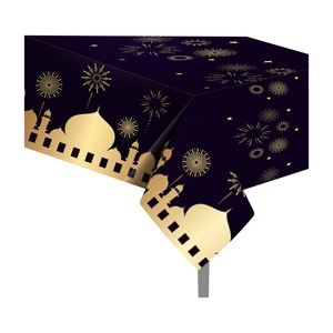 Huancai Eid Mubarak table cover black gold Ramadan plastic table cloth Islamic Muslim party decorations for Eid party supplies