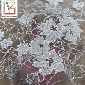 Tessuto in Pizzo Francese di Lusso con Ricamo 3D di Fiori e Paillettes, Abito da Sposa <span class=keywords><strong>Bianco</strong></span> con Cristalli e Perline, <span class=keywords><strong>Tulle</strong></span> con Paillettes, Tessuto in Pizzo con Perline per Sposa - Product Image 5