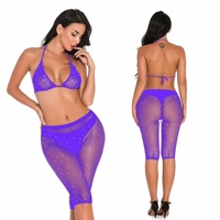 Dames tweedelige lingerie fishnet badkleding strass doorschijnend clubkleding bikini top en shorts set