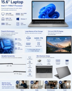 Portátil Personalizado OEM de 15.6 Pulgadas, Intel I7-1195G7, 8GB/16GB RAM, 256GB/512GB/1TB SSD, Cuerpo de Metal, Carga Rápida PD de 65W, Computadora de Oficina al por Mayor - Product Image 2