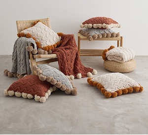 Mantas de Punto Grueso Acrílico a Cuadros PLHMIA, Cálidas y Gruesas, Decorativas <span class=keywords><strong>con</strong></span> <span class=keywords><strong>Pompones</strong></span>, Estilo Europeo-Americano, Uso en las Cuatro Estaciones, Portátiles - Product Image 5