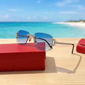 Lunettes de soleil rectangulaires sans monture, verres bleus dégradés, protection UV400, unisexe, mode adulte, protection solaire, boîte rouge incluse - Product Image 2