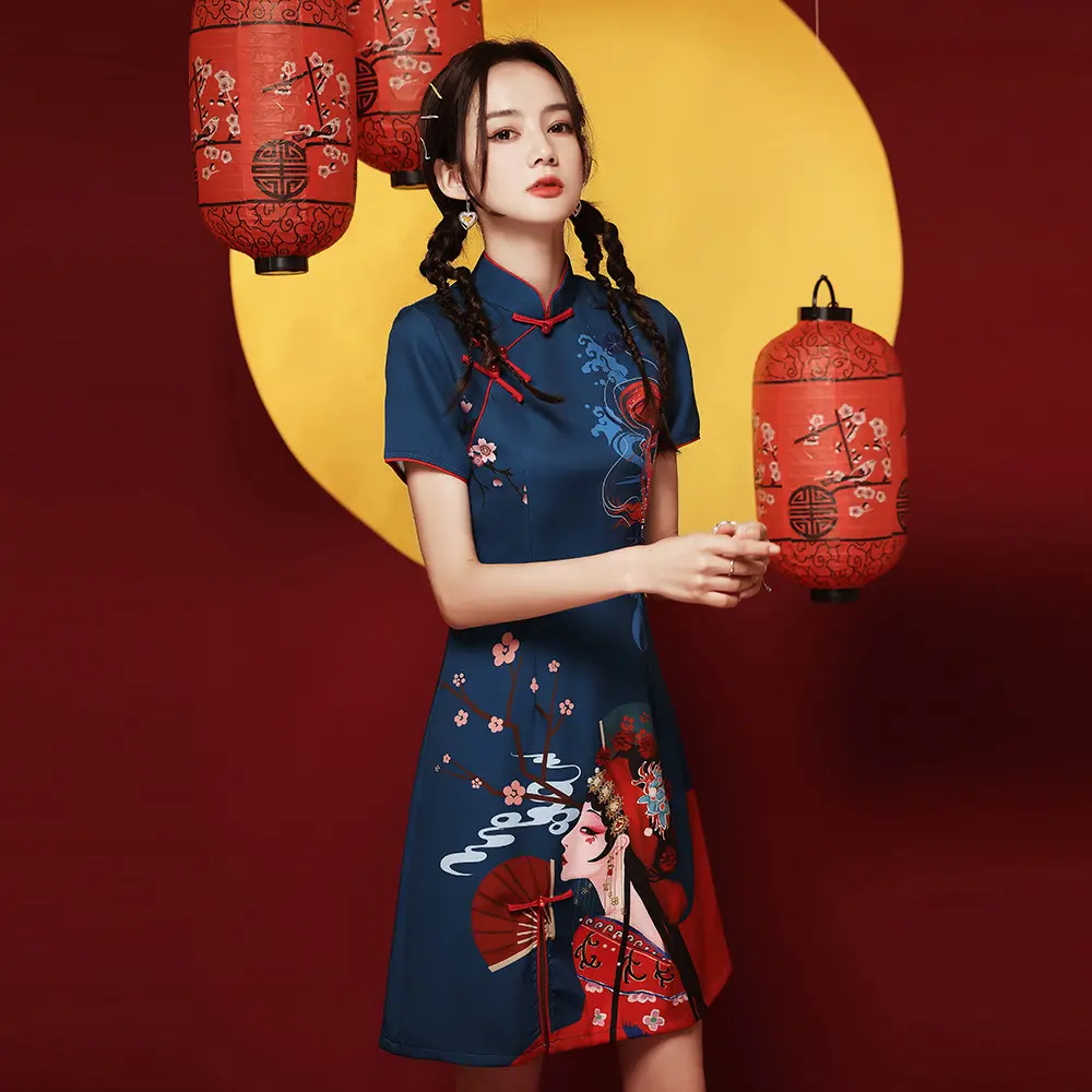 Estilo étnico Beijing Opera Print Dress Estilo chino Mujer Mejorado Cheongsam Vestido de noche