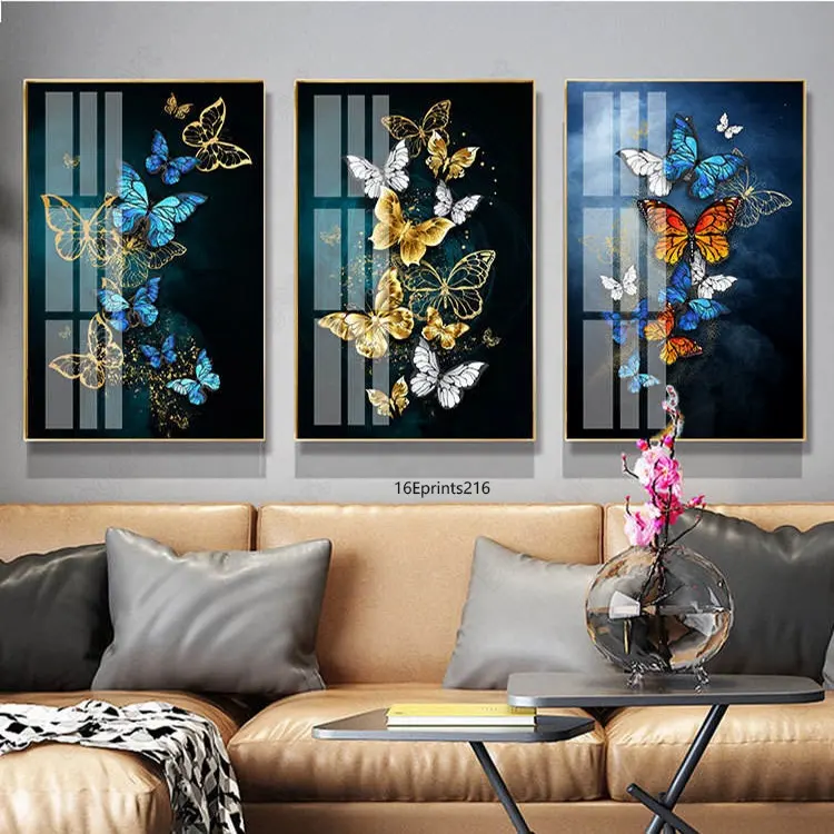 Decoration Wall Art Modern Gold Blue Butterfly Leaves Acrylic Glass UV Printing Metal Framed Resin Paintings Animal Wall Art For Home Decoration