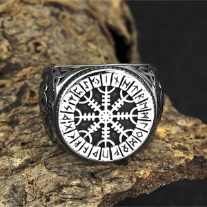 yunnique Men's <b>Titanium</b> Steel <b>Ring</b> Snowflake Compass Rune Design Hip Hop Style Gift Jewelry - Product Image 4