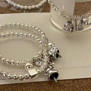 Bracelet en argent sterling S925 avec breloque chat porte-bonheur, bracelet élastique à perles rondes pour femmes, bijoux fins à porter au quotidien - Product Image 4