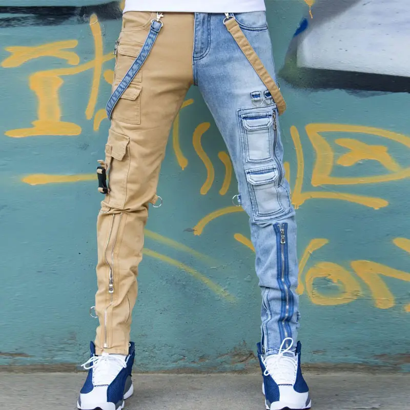 2022 Hoge Kwaliteit Denim Mode Mannen Broek Straight Type Fit Verontruste Twee Tone Split Joint Man Jeans Broek