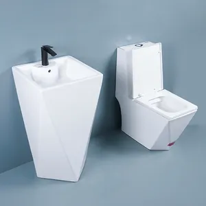 Einzigartiges Diamant-Design Einteilige Keramik-Toilette und Sockel waschbecken Waschbecken-Sets Badezimmer Luxus-WC-Toiletten-Set