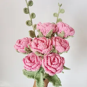 Flor Artificial de punto de ganchillo hecho a mano, regalo de San Valentín, decoración de boda, rosas, gran oferta