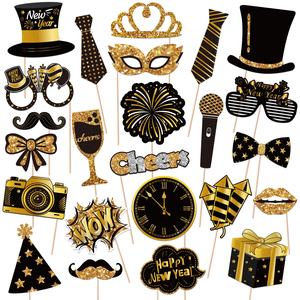 Accessoires <span class=keywords><strong>de</strong></span> photomaton à main sur le thème du Nouvel An 2026, noir et or, fournitures <span class=keywords><strong>de</strong></span> fête, célébration, papier, utilisation en intérieur - Product Image 1