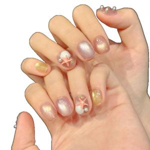 Ocean Fairy Tale <span class=keywords><strong>Uñas</strong></span> artificiales Summer Bubble Sea Star con Light Blue Cat Eye Soft <span class=keywords><strong>Gel</strong></span> Press on Nails Alta calidad - Product Image 2