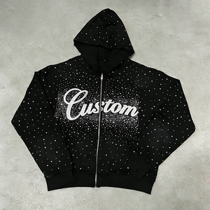 Felpa con Cappuccio e Zip Personalizzata di Lusso con Gemme Brillanti e Strass <span class=keywords><strong>Oversize</strong></span>, Effetto Lavaggio Acido, Stile <span class=keywords><strong>Vintage</strong></span> Streetwear per Uomo - Product Image 1